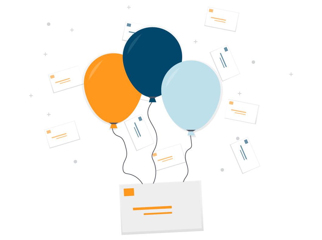 Letters being delivered by orange and blue balloons